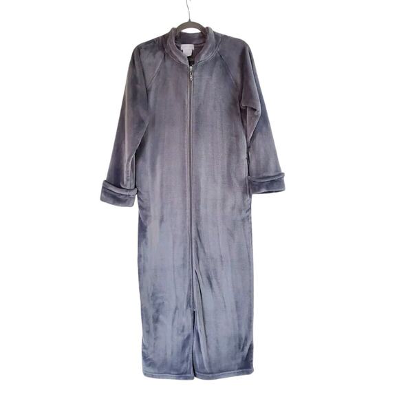 Softies Long Plush Soft Velour Mandarin Collar Zip-Up Women's Grey Robe, Size XS - Picture 1 of 15